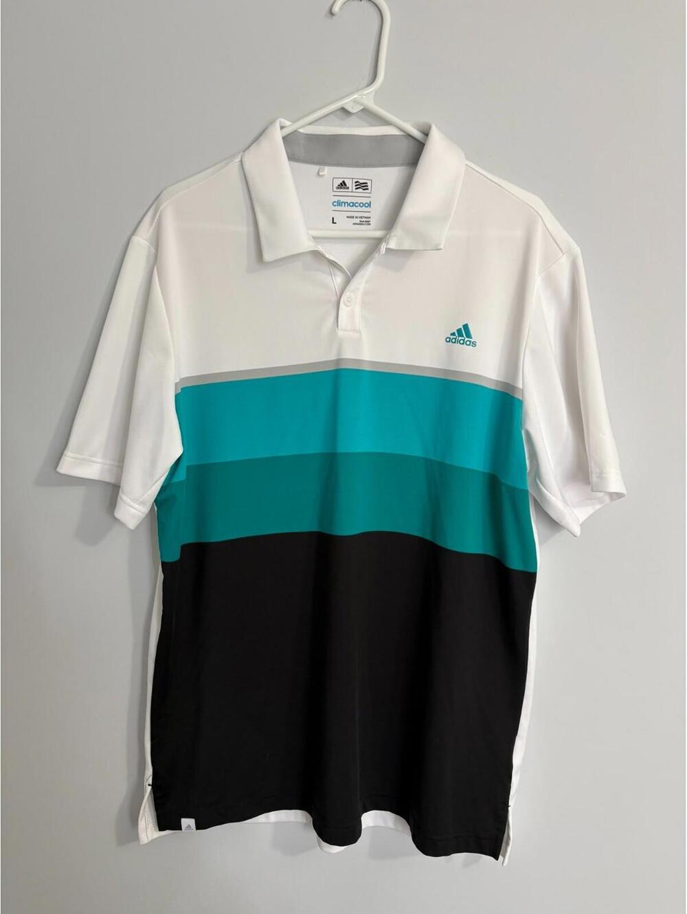 Adidas ClimaCool Polo Shirt Mens L Green Black White Stripe Golf Performance
